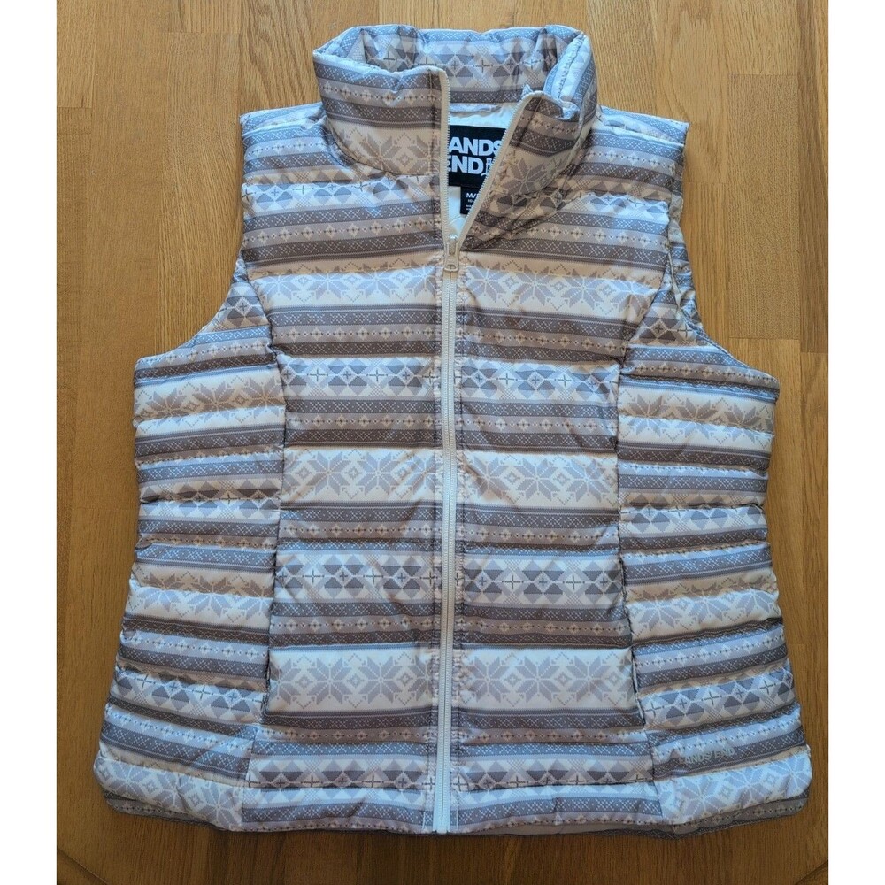 Lands End Puffer Vest Womens Med 10-12 White Gray 600 Down Fair Isle Winter